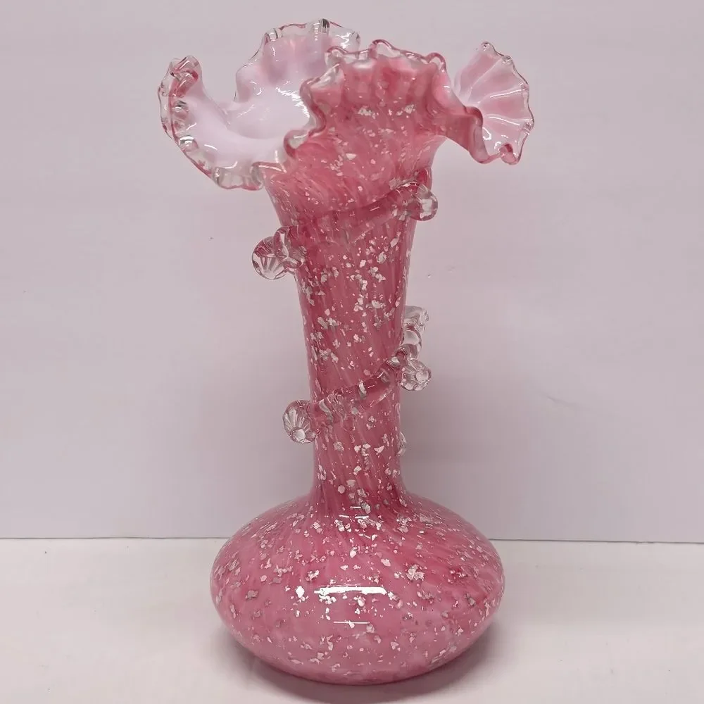 Antique Pink Ruffled Spangle Glass Silver Mica Flakes Vase Stevens & Williams
